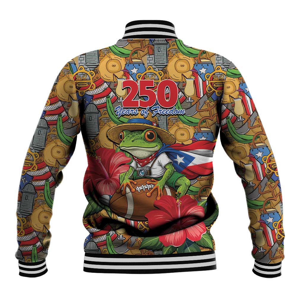 Patriotic Coqui Frog Football Baseball Jacket 250 Years of Freedom Puerto Rico Flag Stand