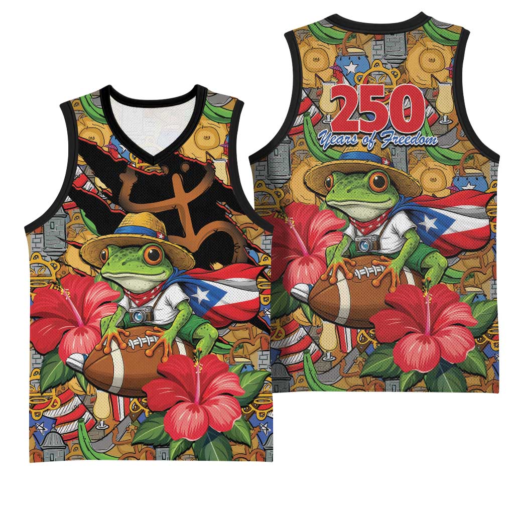 Patriotic Coqui Frog Football Basketball Jersey 250 Years of Freedom Puerto Rico Flag Stand