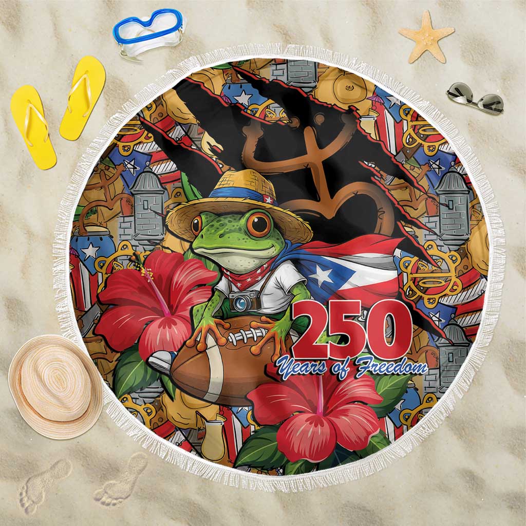 Patriotic Coqui Frog Football Beach Blanket 250 Years of Freedom Puerto Rico Flag Stand