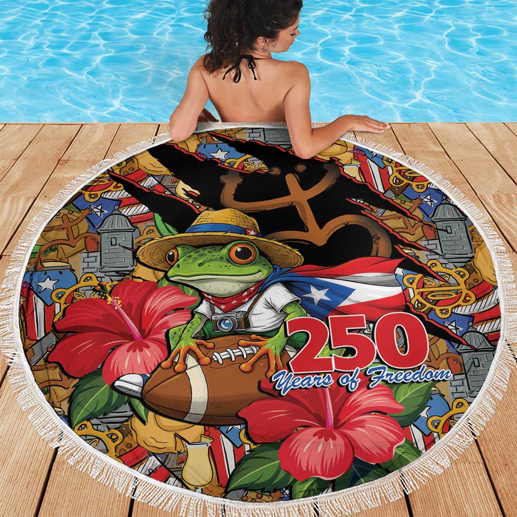 Patriotic Coqui Frog Football Beach Blanket 250 Years of Freedom Puerto Rico Flag Stand