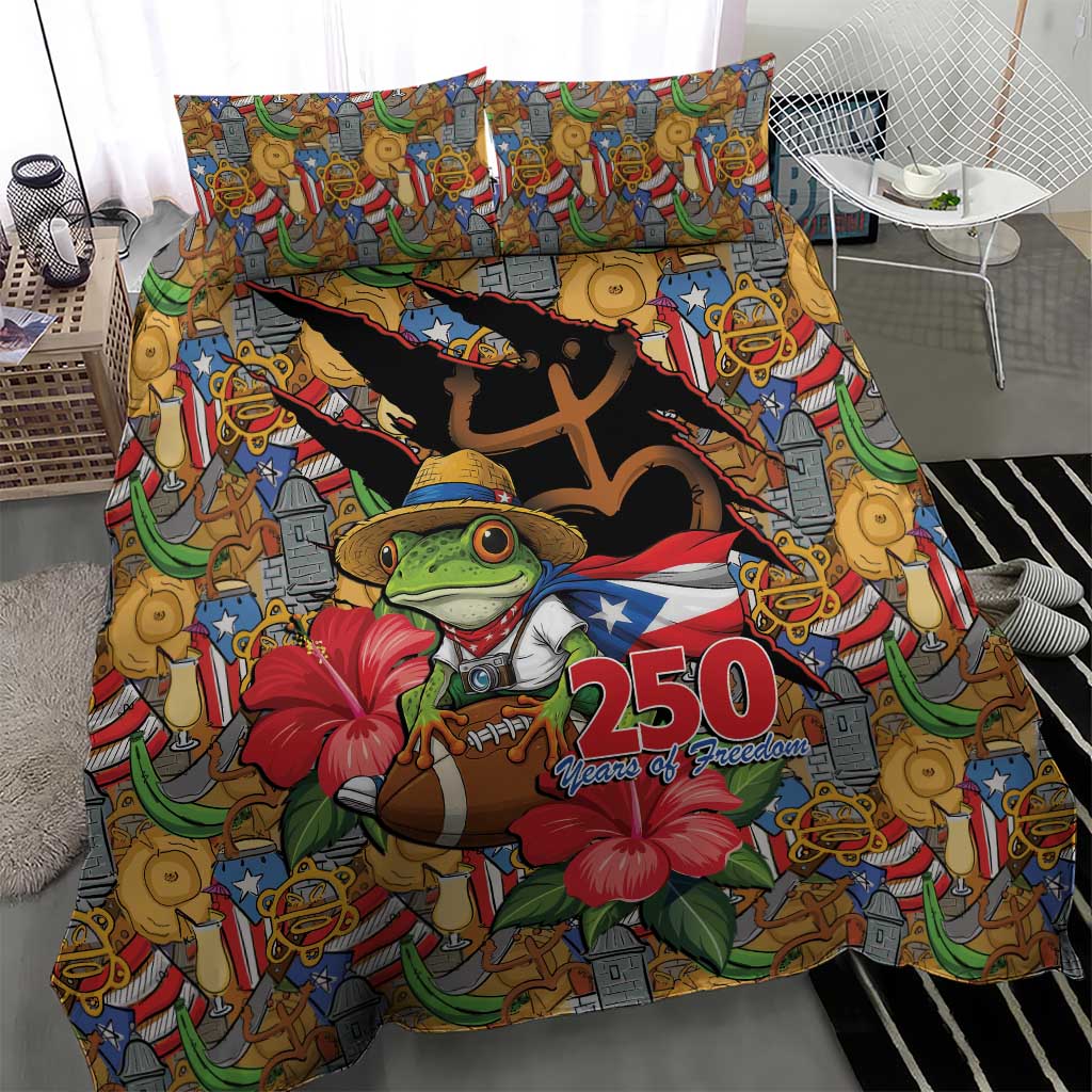 Patriotic Coqui Frog Football Bedding Set 250 Years of Freedom Puerto Rico Flag Stand