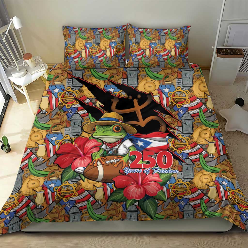 Patriotic Coqui Frog Football Bedding Set 250 Years of Freedom Puerto Rico Flag Stand