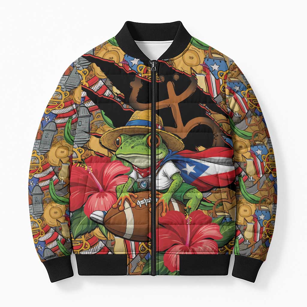 Patriotic Coqui Frog Football Bomber Puffer Jacket 250 Years of Freedom Puerto Rico Flag Stand