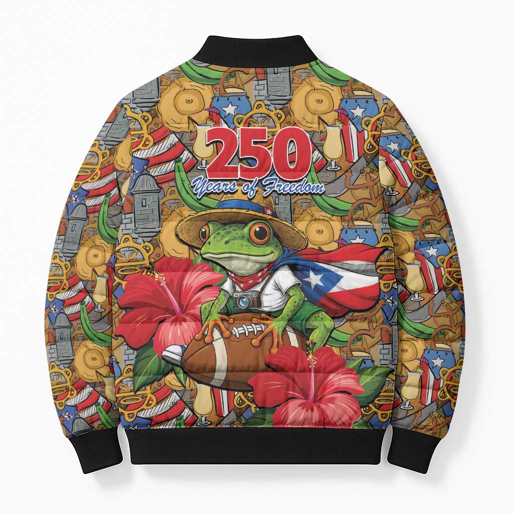Patriotic Coqui Frog Football Bomber Puffer Jacket 250 Years of Freedom Puerto Rico Flag Stand