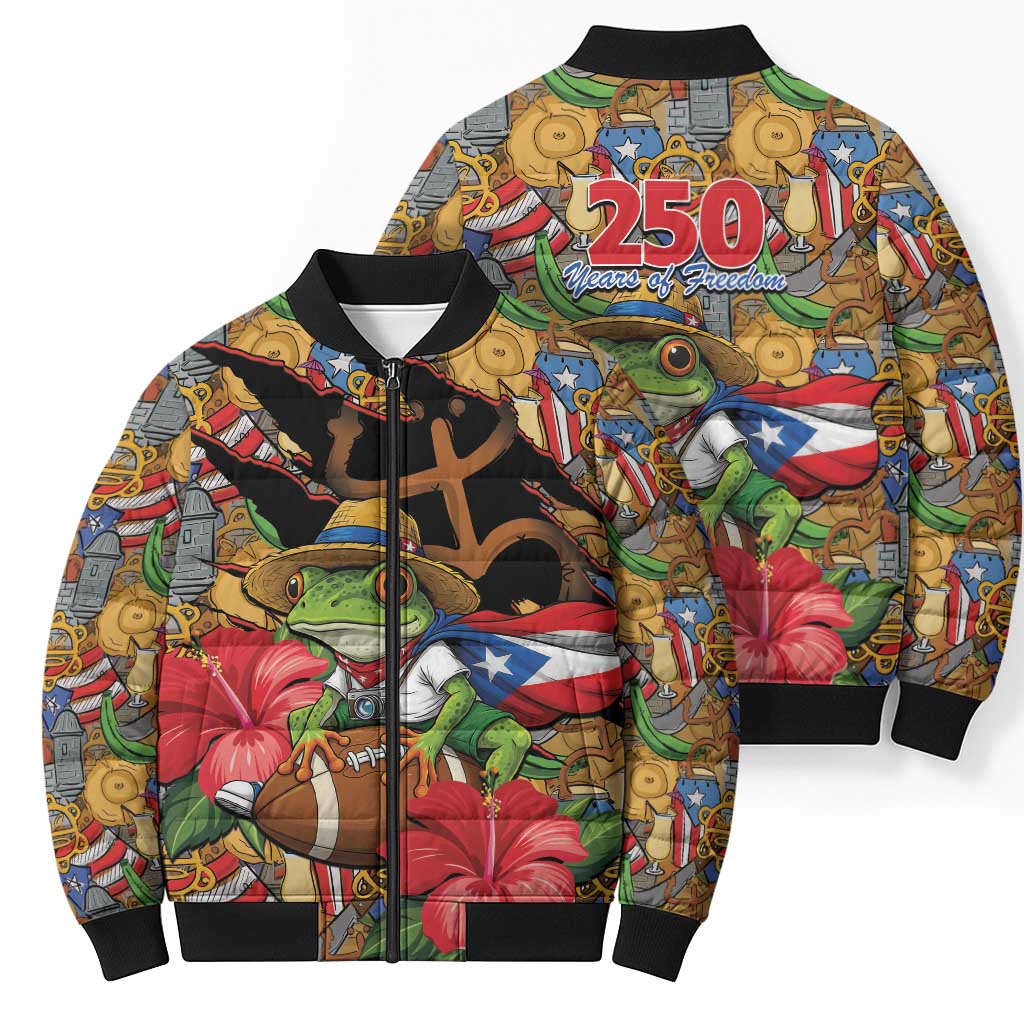 Patriotic Coqui Frog Football Bomber Puffer Jacket 250 Years of Freedom Puerto Rico Flag Stand