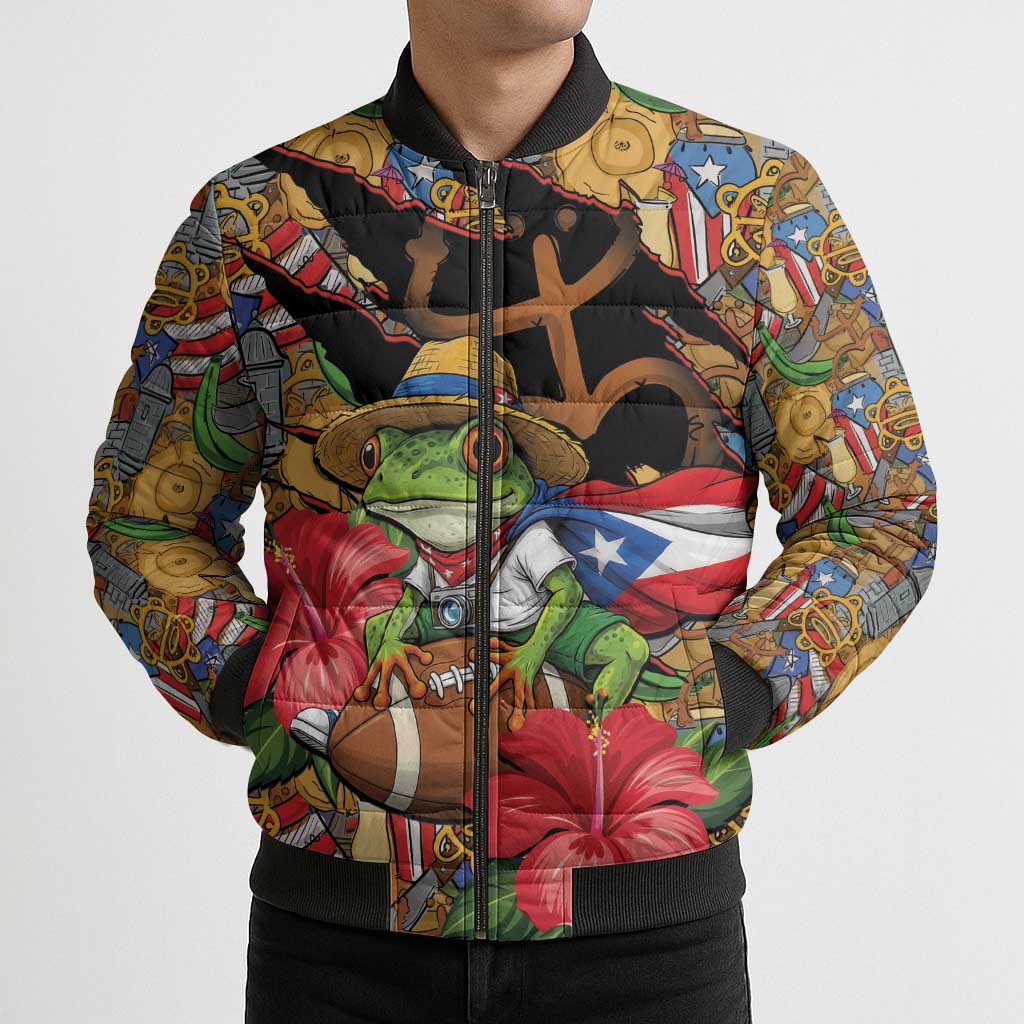 Patriotic Coqui Frog Football Bomber Puffer Jacket 250 Years of Freedom Puerto Rico Flag Stand