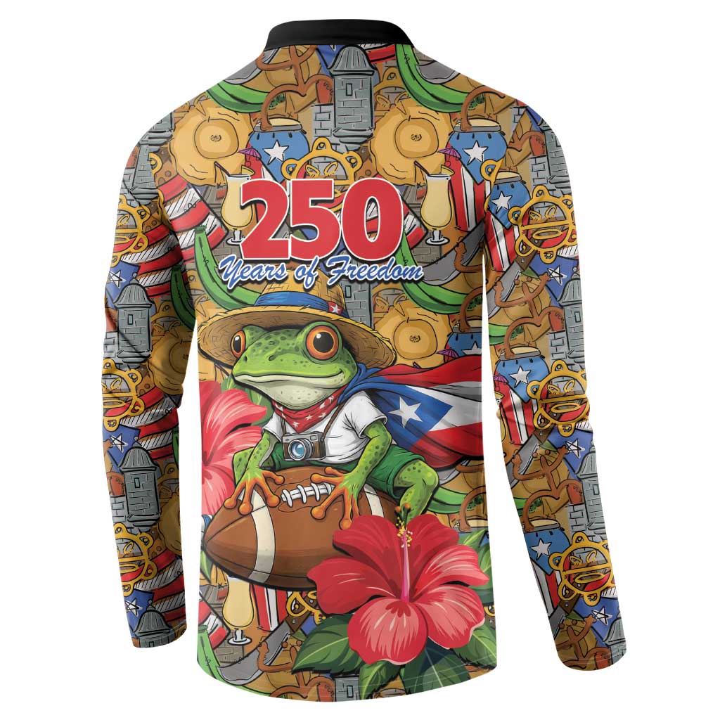 Patriotic Coqui Frog Football Button Sweatshirt 250 Years of Freedom Puerto Rico Flag Stand