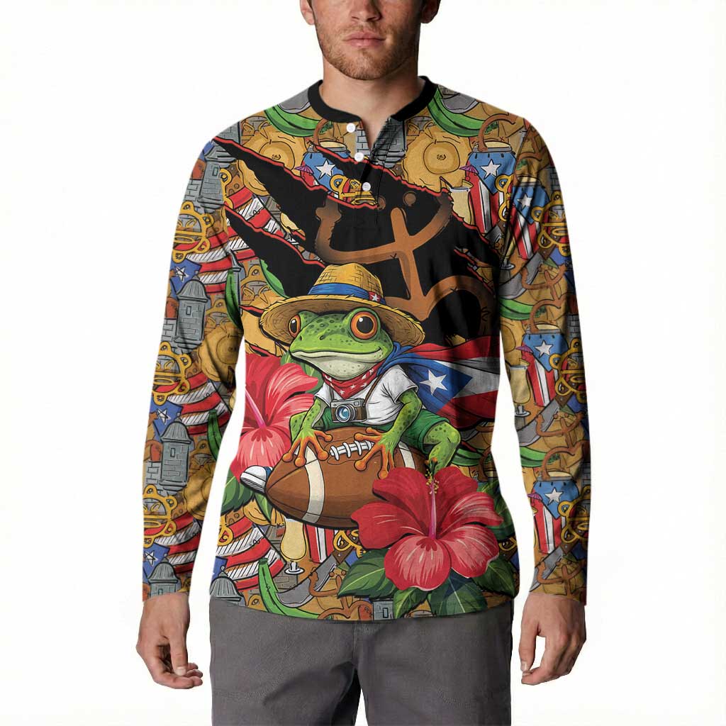 Patriotic Coqui Frog Football Button Sweatshirt 250 Years of Freedom Puerto Rico Flag Stand