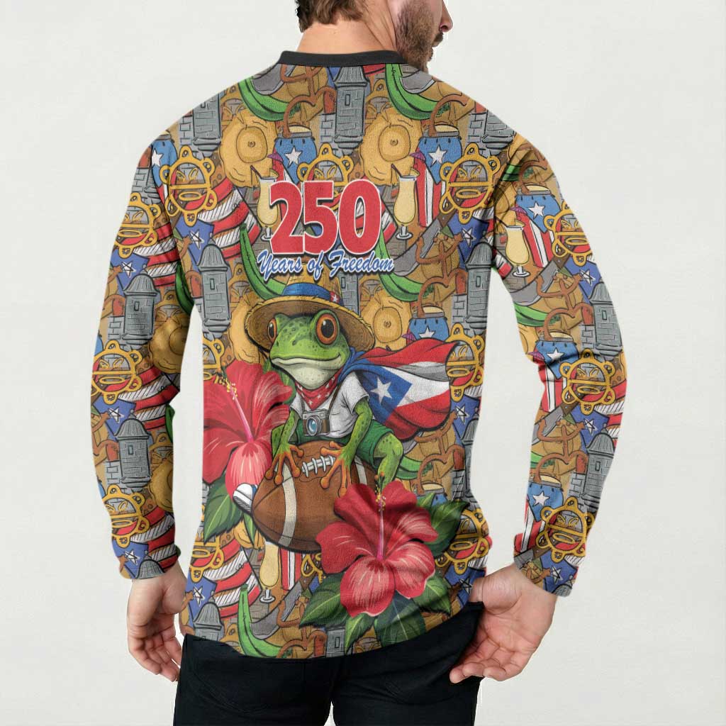 Patriotic Coqui Frog Football Button Sweatshirt 250 Years of Freedom Puerto Rico Flag Stand