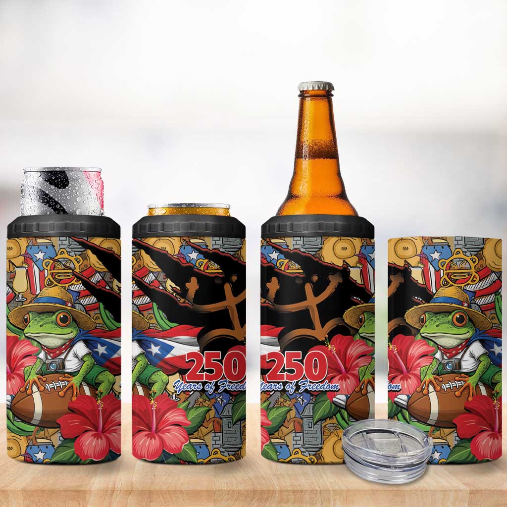 Patriotic Coqui Frog Football 4 in 1 Can Cooler Tumbler 250 Years of Freedom Puerto Rico Flag Stand