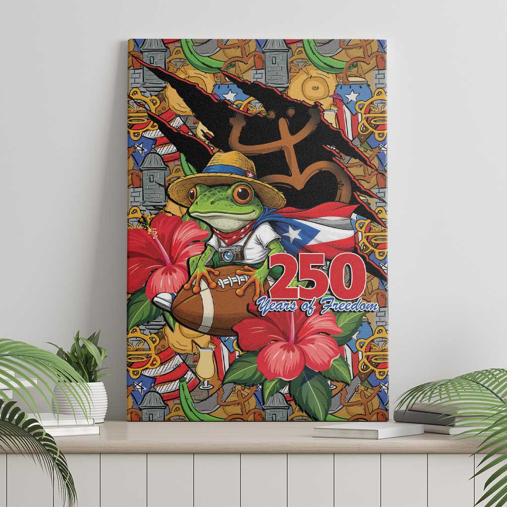 Patriotic Coqui Frog Football Canvas Wall Art 250 Years of Freedom Puerto Rico Flag Stand
