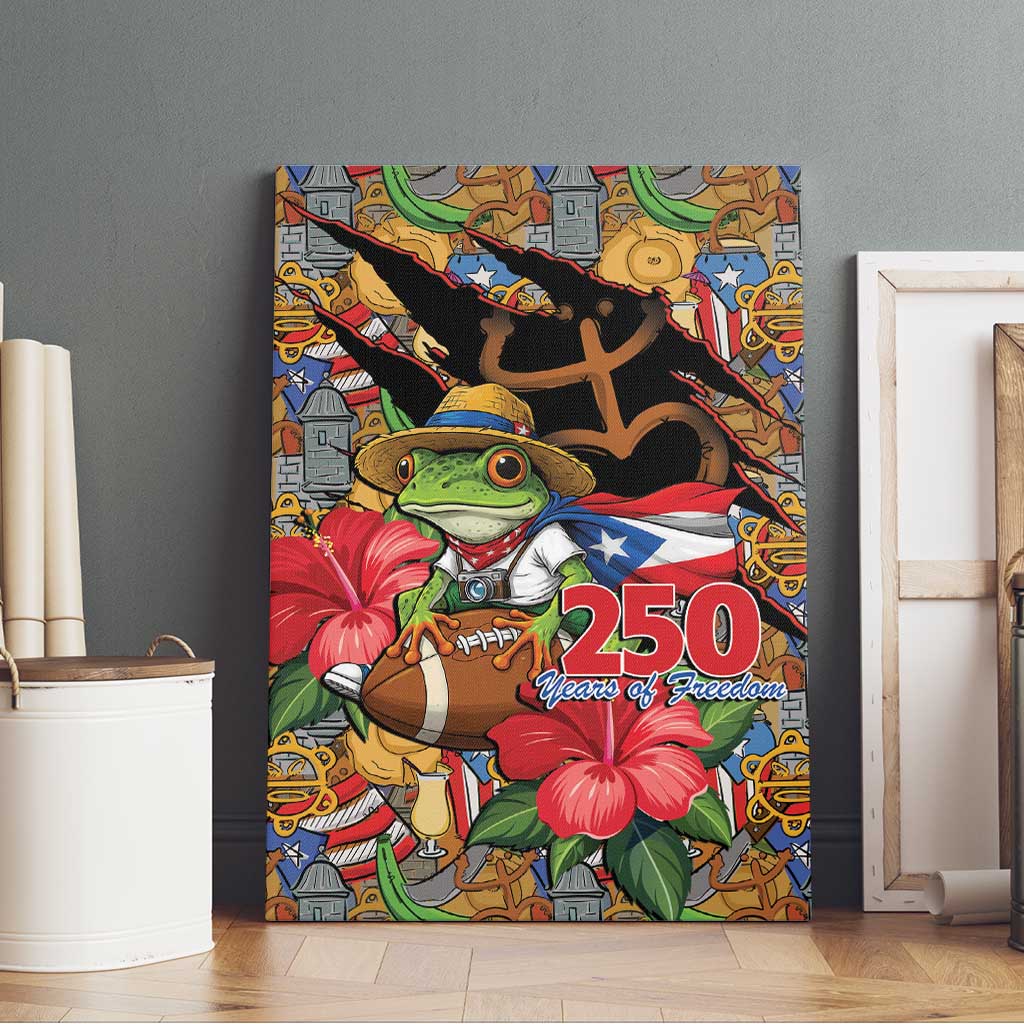 Patriotic Coqui Frog Football Canvas Wall Art 250 Years of Freedom Puerto Rico Flag Stand