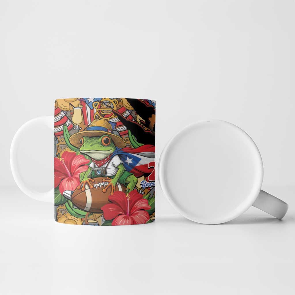 Patriotic Coqui Frog Football Ceramic Mug 250 Years of Freedom Puerto Rico Flag Stand