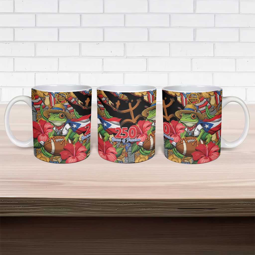 Patriotic Coqui Frog Football Ceramic Mug 250 Years of Freedom Puerto Rico Flag Stand