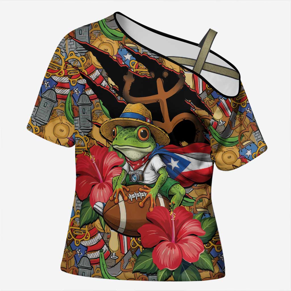 Patriotic Coqui Frog Football Cross Shoulder Shirt 250 Years of Freedom Puerto Rico Flag Stand