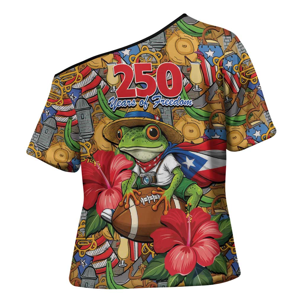 Patriotic Coqui Frog Football Cross Shoulder Shirt 250 Years of Freedom Puerto Rico Flag Stand