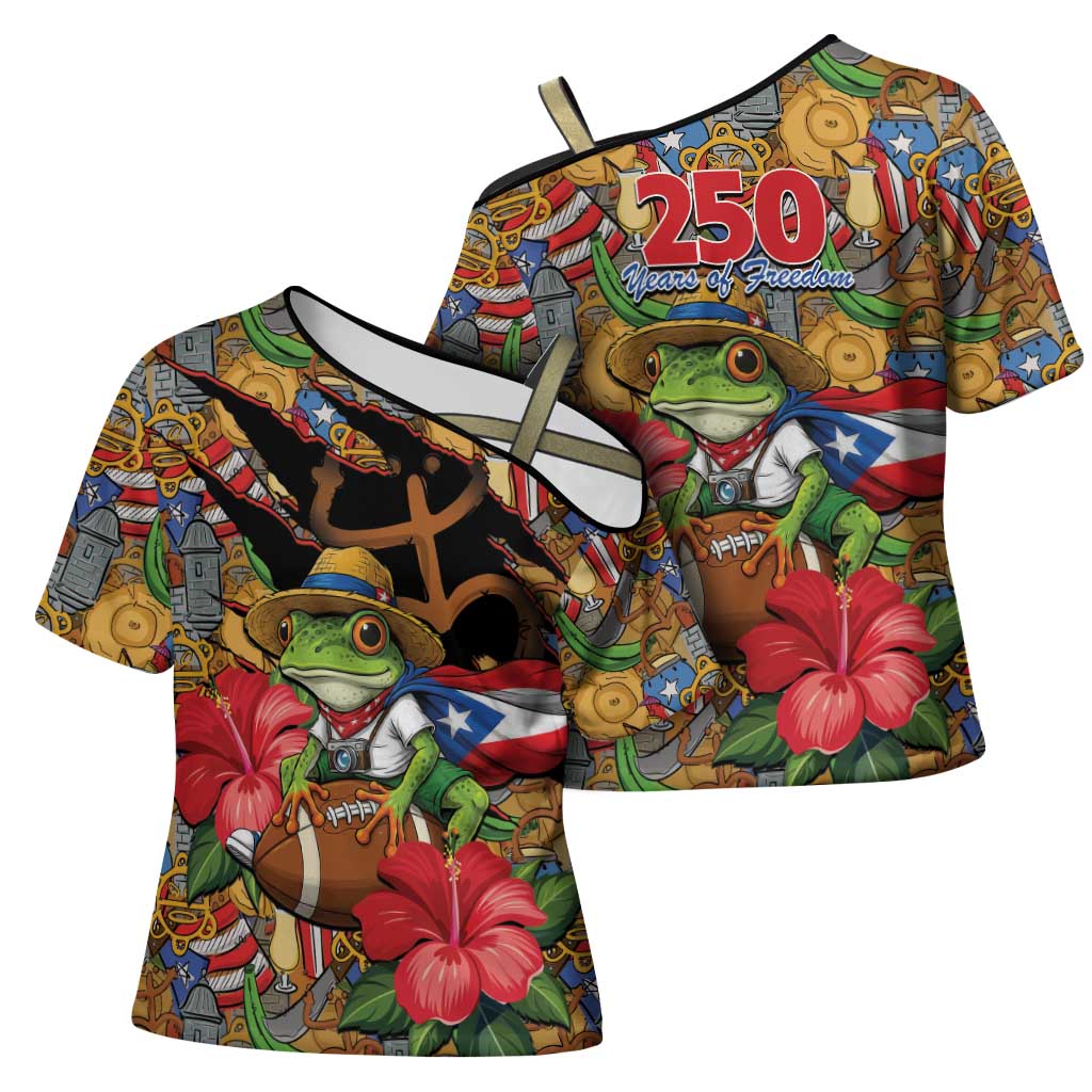 Patriotic Coqui Frog Football Cross Shoulder Shirt 250 Years of Freedom Puerto Rico Flag Stand