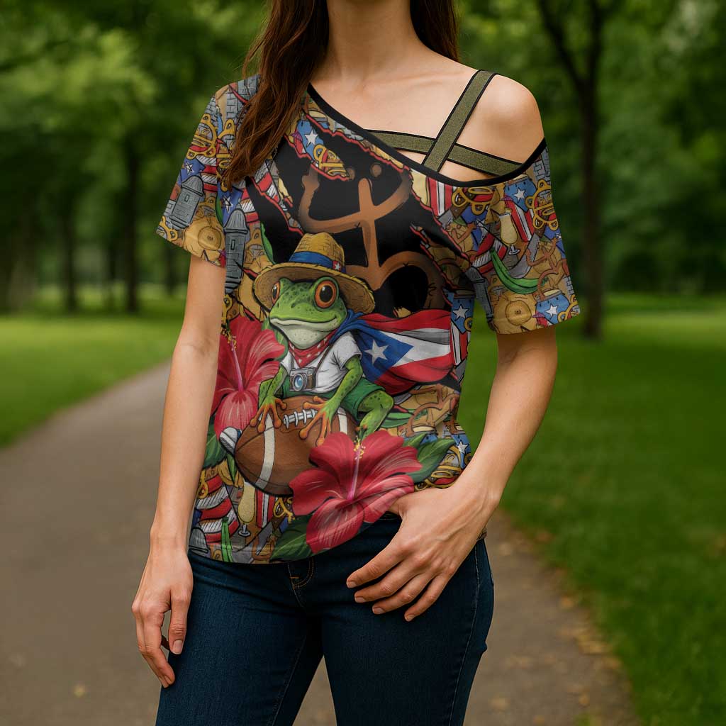 Patriotic Coqui Frog Football Cross Shoulder Shirt 250 Years of Freedom Puerto Rico Flag Stand