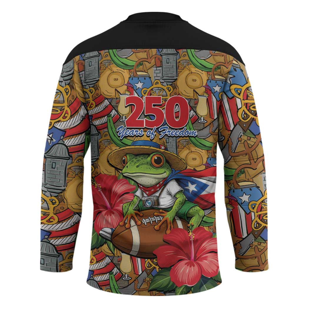 Patriotic Coqui Frog Football Hockey Jersey 250 Years of Freedom Puerto Rico Flag Stand