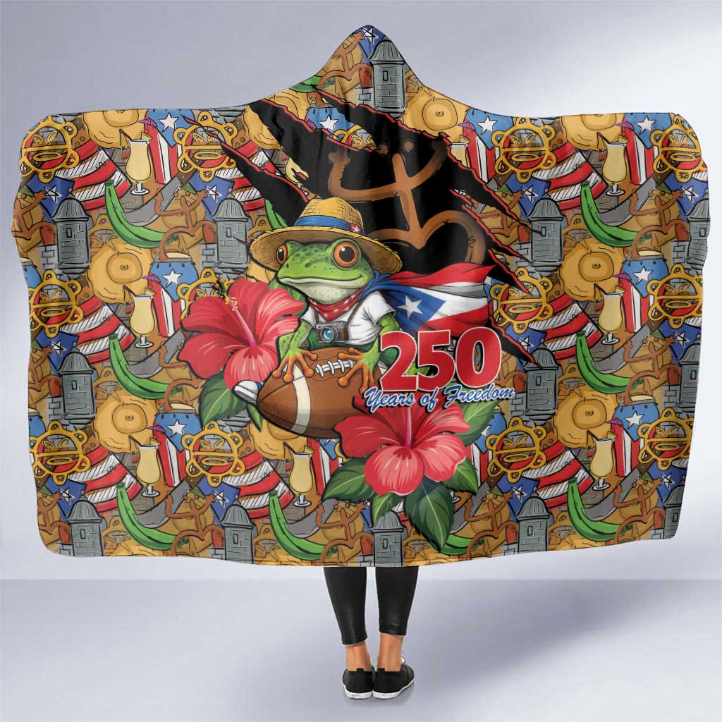 Patriotic Coqui Frog Football Hooded Blanket 250 Years of Freedom Puerto Rico Flag Stand