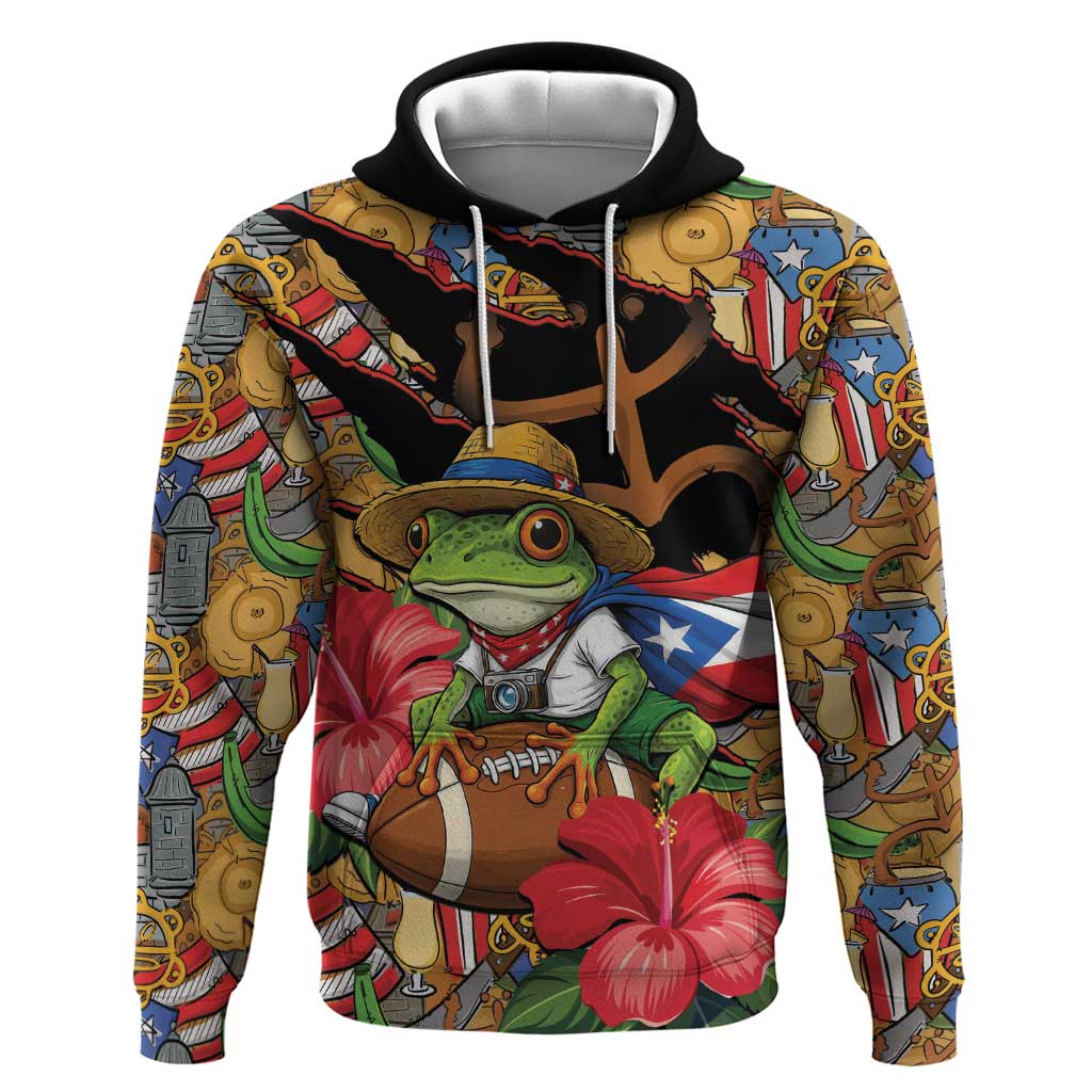 Patriotic Coqui Frog Football Hoodie 250 Years of Freedom Puerto Rico Flag Stand
