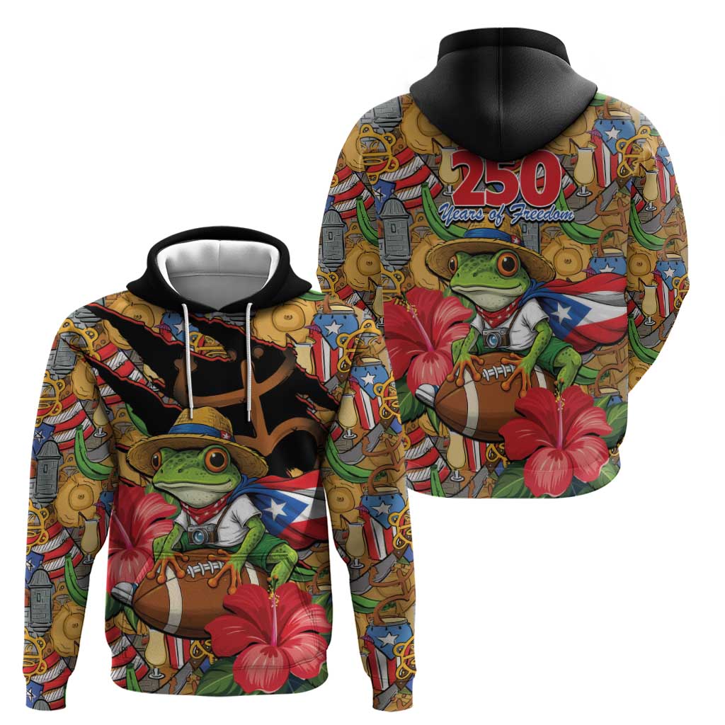 Patriotic Coqui Frog Football Hoodie 250 Years of Freedom Puerto Rico Flag Stand