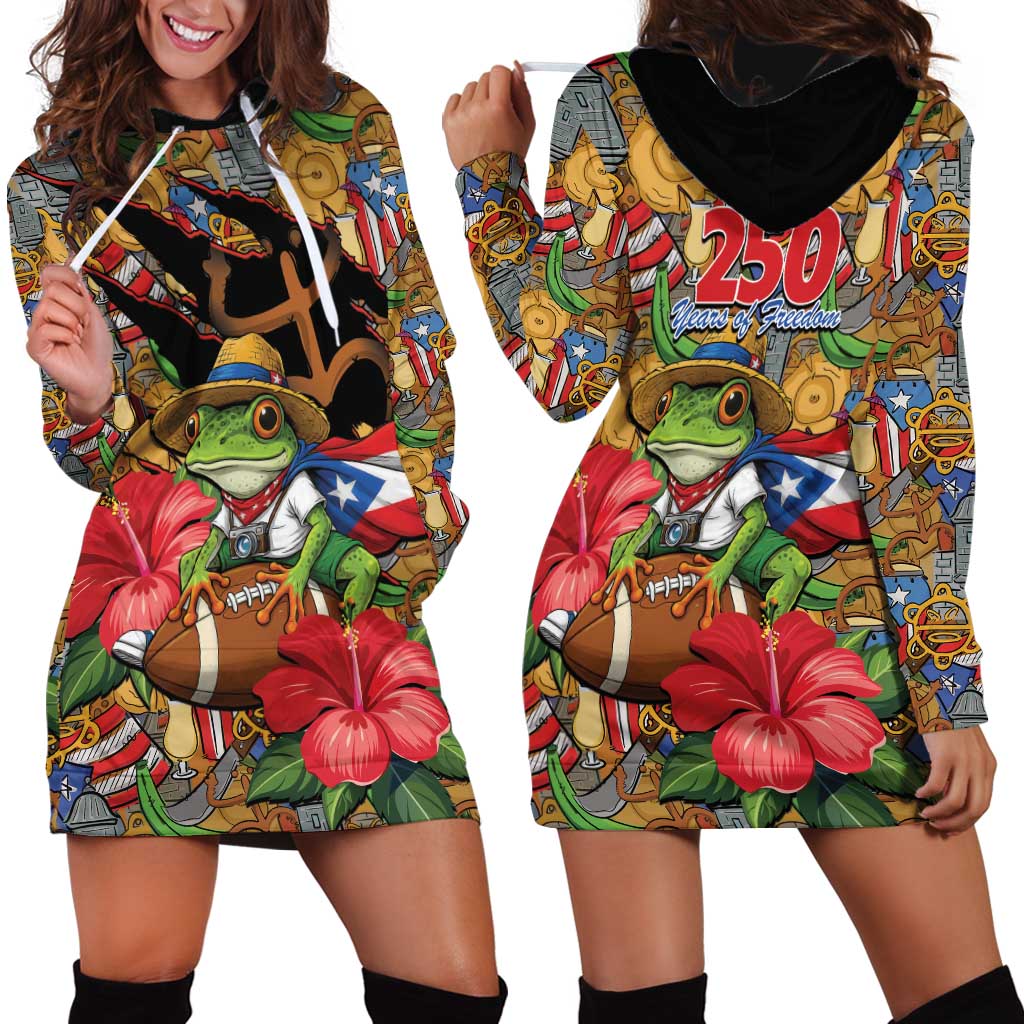 Patriotic Coqui Frog Football Hoodie Dress 250 Years of Freedom Puerto Rico Flag Stand