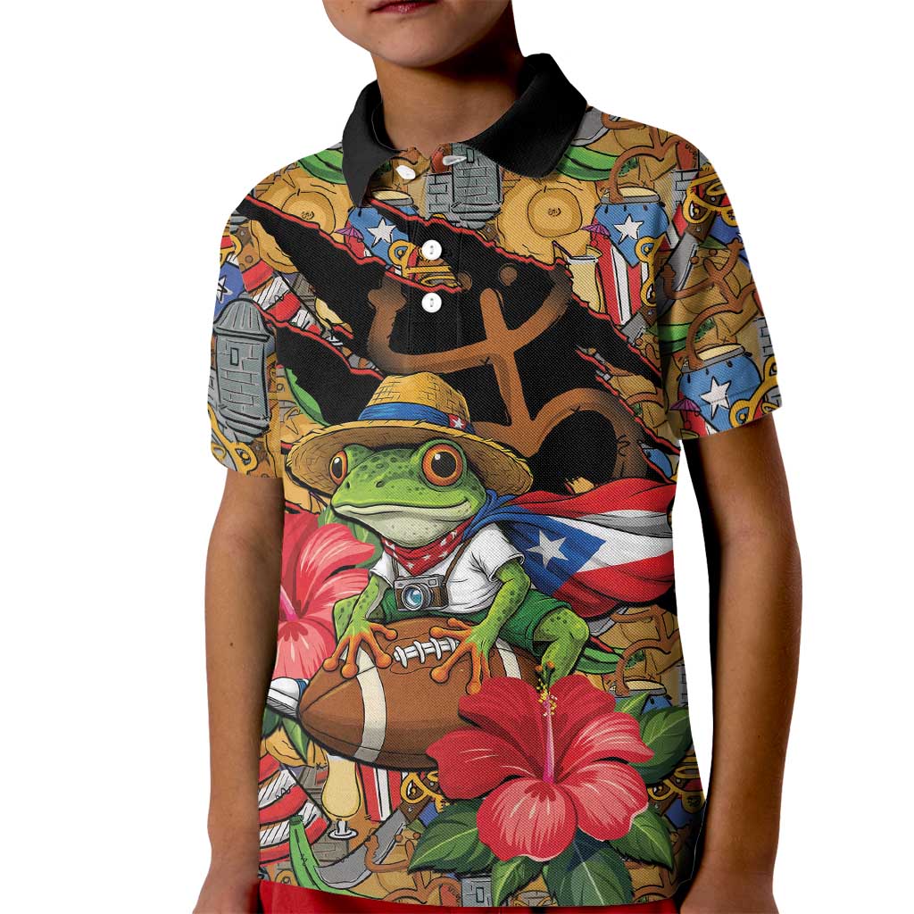 Patriotic Coqui Frog Football Kid Polo Shirt 250 Years of Freedom Puerto Rico Flag Stand