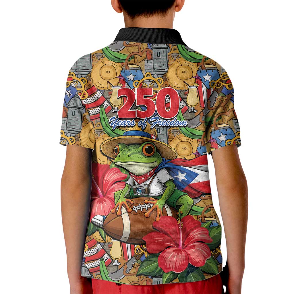 Patriotic Coqui Frog Football Kid Polo Shirt 250 Years of Freedom Puerto Rico Flag Stand