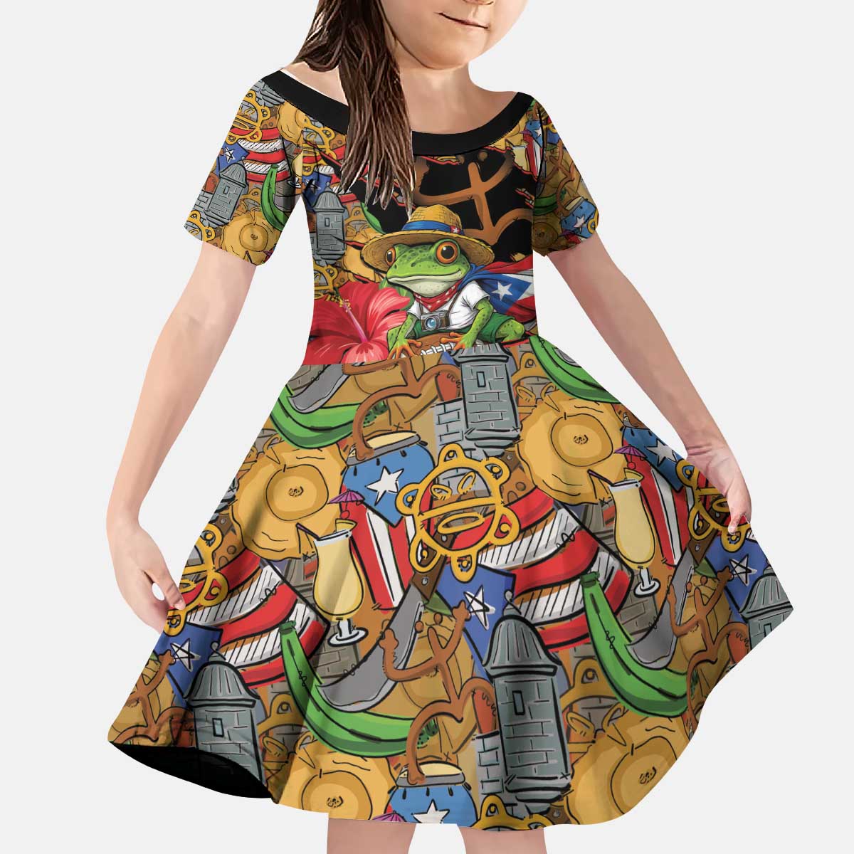 Patriotic Coqui Frog Football Kid Short Sleeve Dress 250 Years of Freedom Puerto Rico Flag Stand