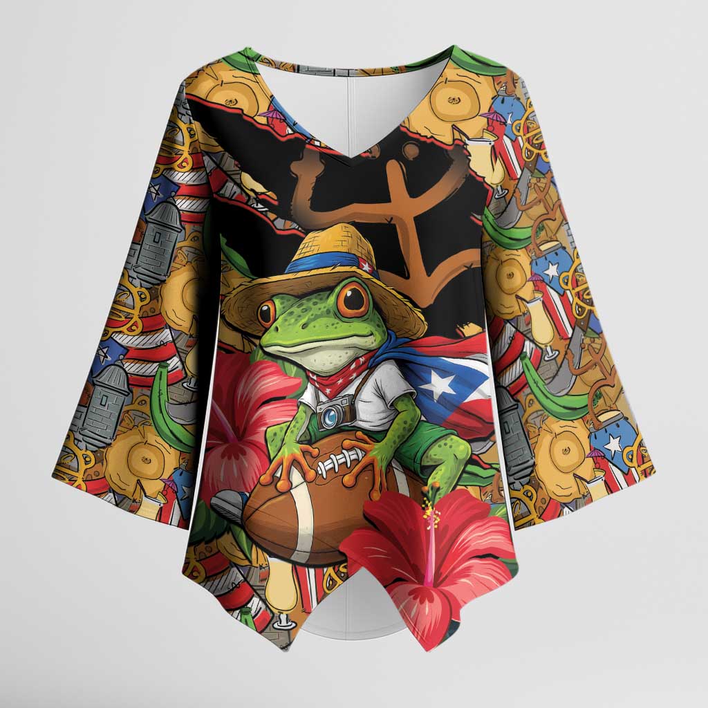 Patriotic Coqui Frog Football Kimono Sleeve Blouse 250 Years of Freedom Puerto Rico Flag Stand