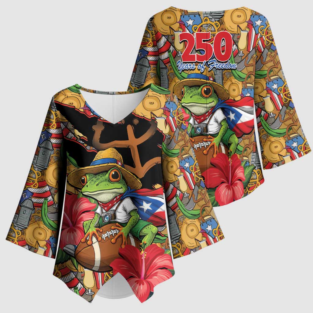 Patriotic Coqui Frog Football Kimono Sleeve Blouse 250 Years of Freedom Puerto Rico Flag Stand