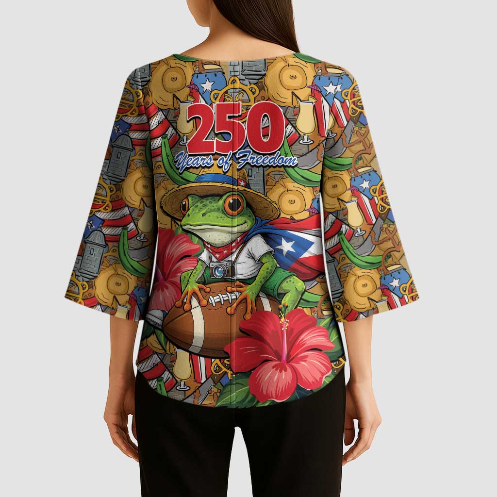 Patriotic Coqui Frog Football Kimono Sleeve Blouse 250 Years of Freedom Puerto Rico Flag Stand