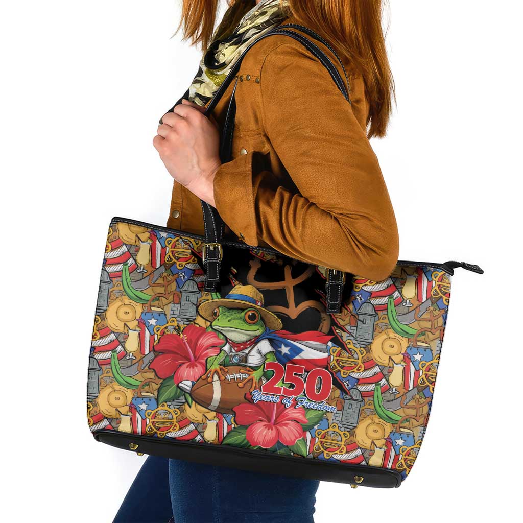 Patriotic Coqui Frog Football Leather Tote Bag 250 Years of Freedom Puerto Rico Flag Stand