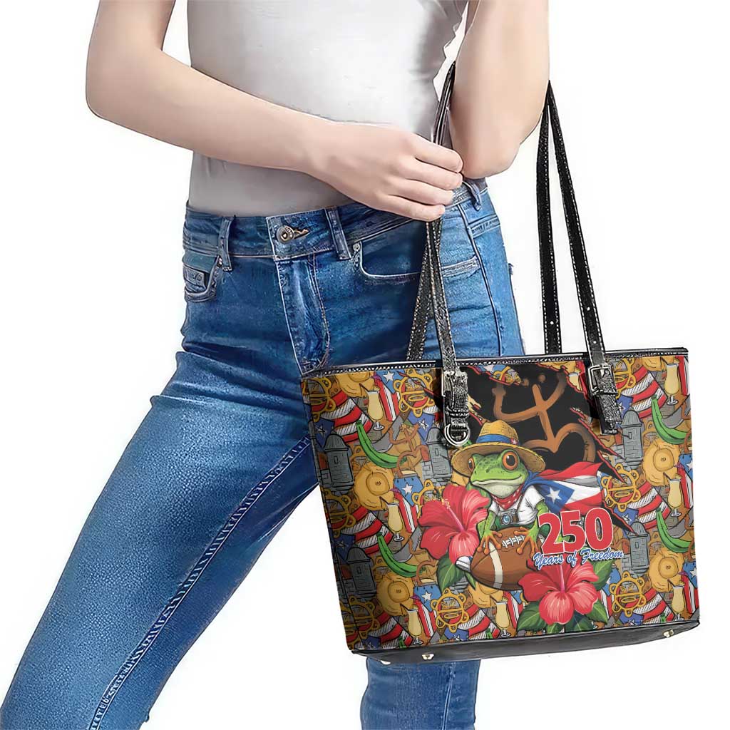 Patriotic Coqui Frog Football Leather Tote Bag 250 Years of Freedom Puerto Rico Flag Stand