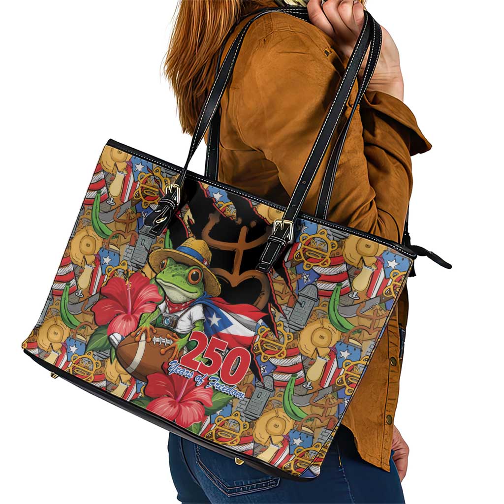 Patriotic Coqui Frog Football Leather Tote Bag 250 Years of Freedom Puerto Rico Flag Stand