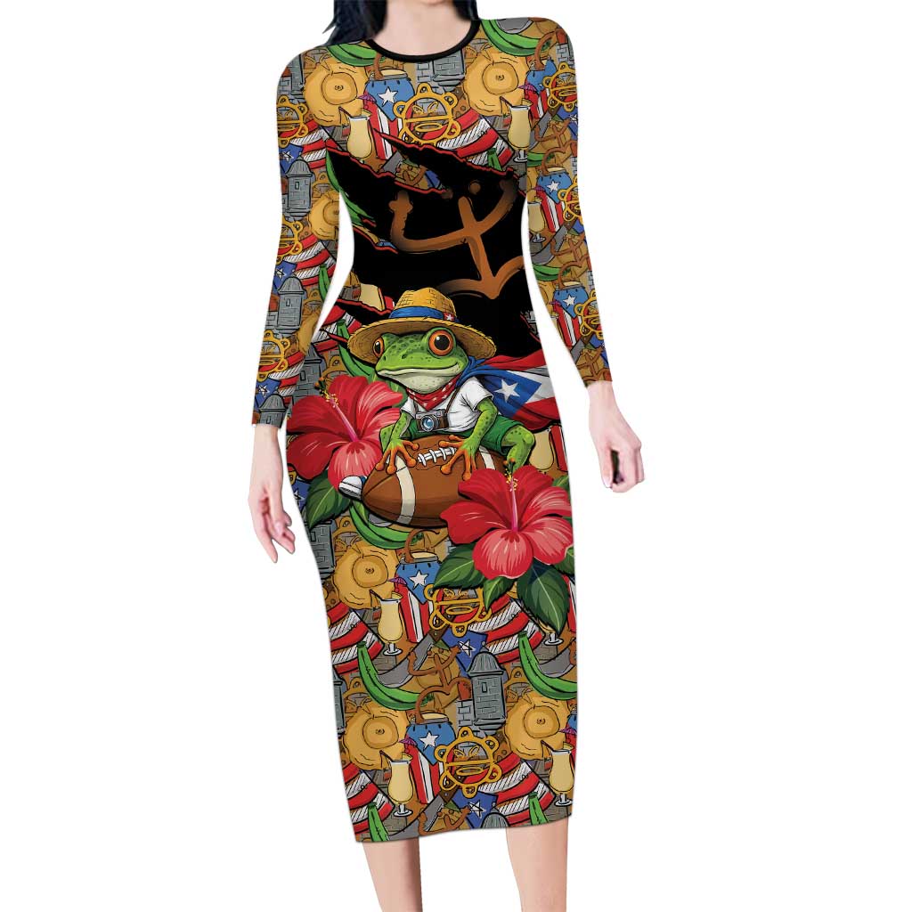 Patriotic Coqui Frog Football Long Sleeve Bodycon Dress 250 Years of Freedom Puerto Rico Flag Stand