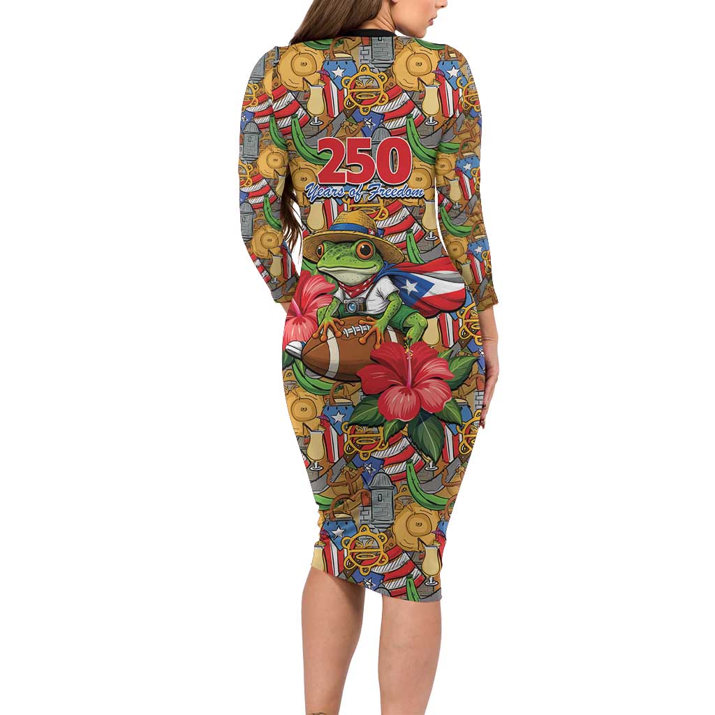 Patriotic Coqui Frog Football Long Sleeve Bodycon Dress 250 Years of Freedom Puerto Rico Flag Stand