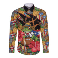 Patriotic Coqui Frog Football Long Sleeve Button Shirt 250 Years of Freedom Puerto Rico Flag Stand