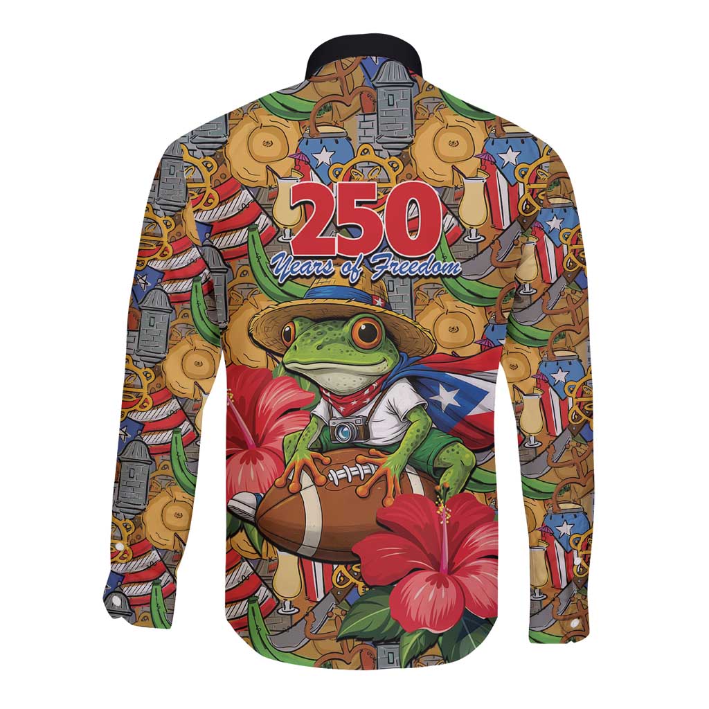 Patriotic Coqui Frog Football Long Sleeve Button Shirt 250 Years of Freedom Puerto Rico Flag Stand