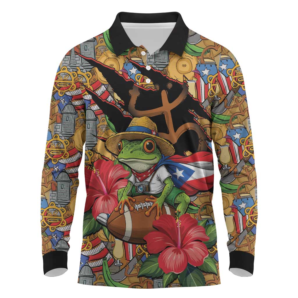 Patriotic Coqui Frog Football Long Sleeve Polo Shirt 250 Years of Freedom Puerto Rico Flag Stand