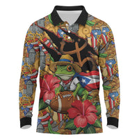 Patriotic Coqui Frog Football Long Sleeve Polo Shirt 250 Years of Freedom Puerto Rico Flag Stand