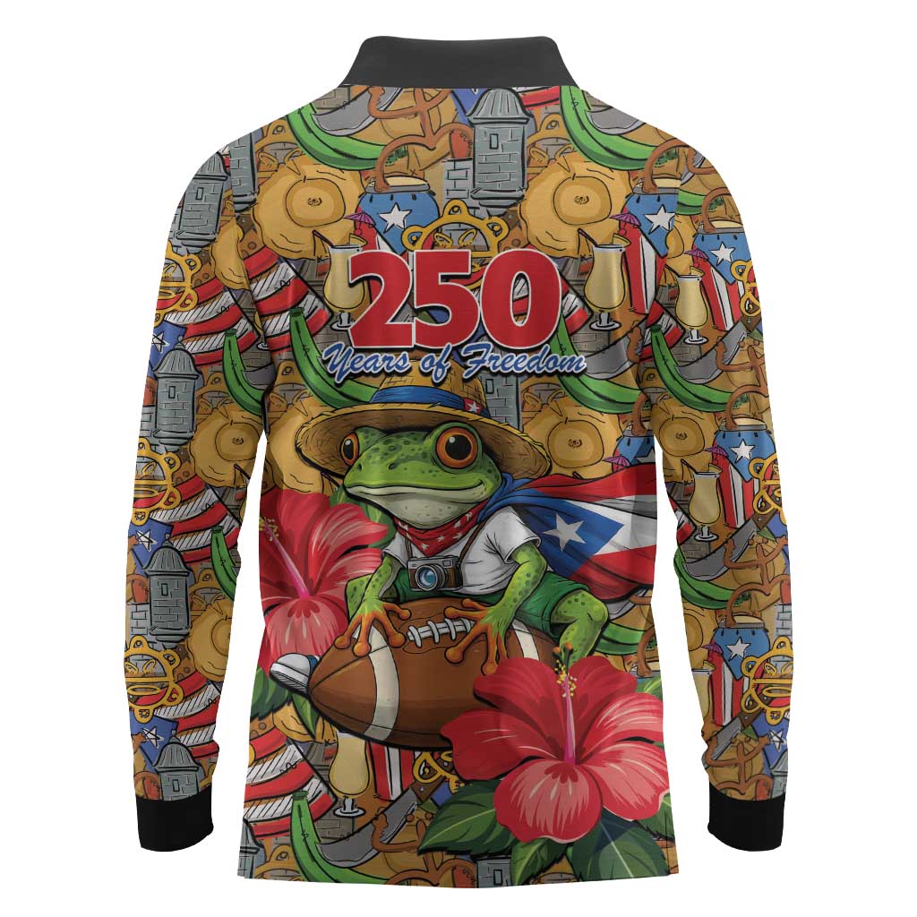 Patriotic Coqui Frog Football Long Sleeve Polo Shirt 250 Years of Freedom Puerto Rico Flag Stand