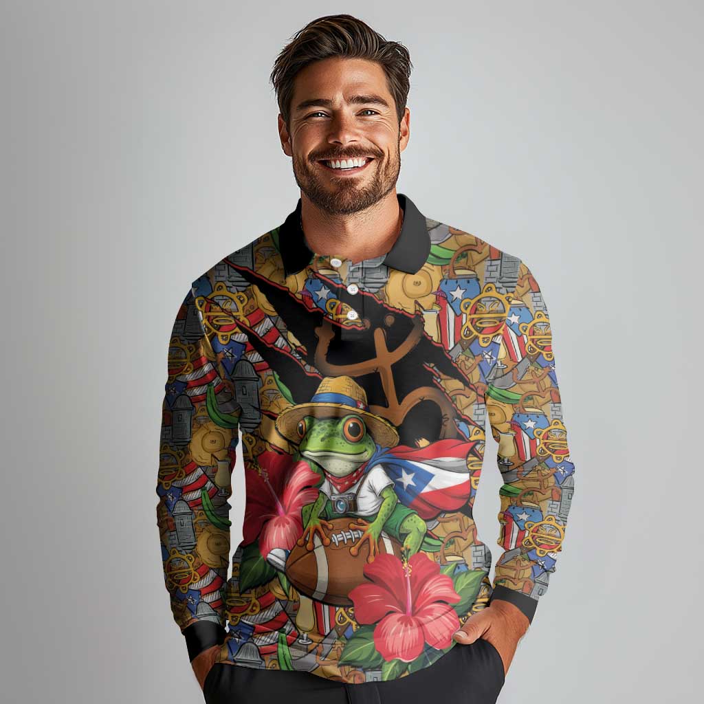 Patriotic Coqui Frog Football Long Sleeve Polo Shirt 250 Years of Freedom Puerto Rico Flag Stand