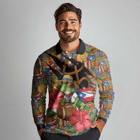 Patriotic Coqui Frog Football Long Sleeve Polo Shirt 250 Years of Freedom Puerto Rico Flag Stand