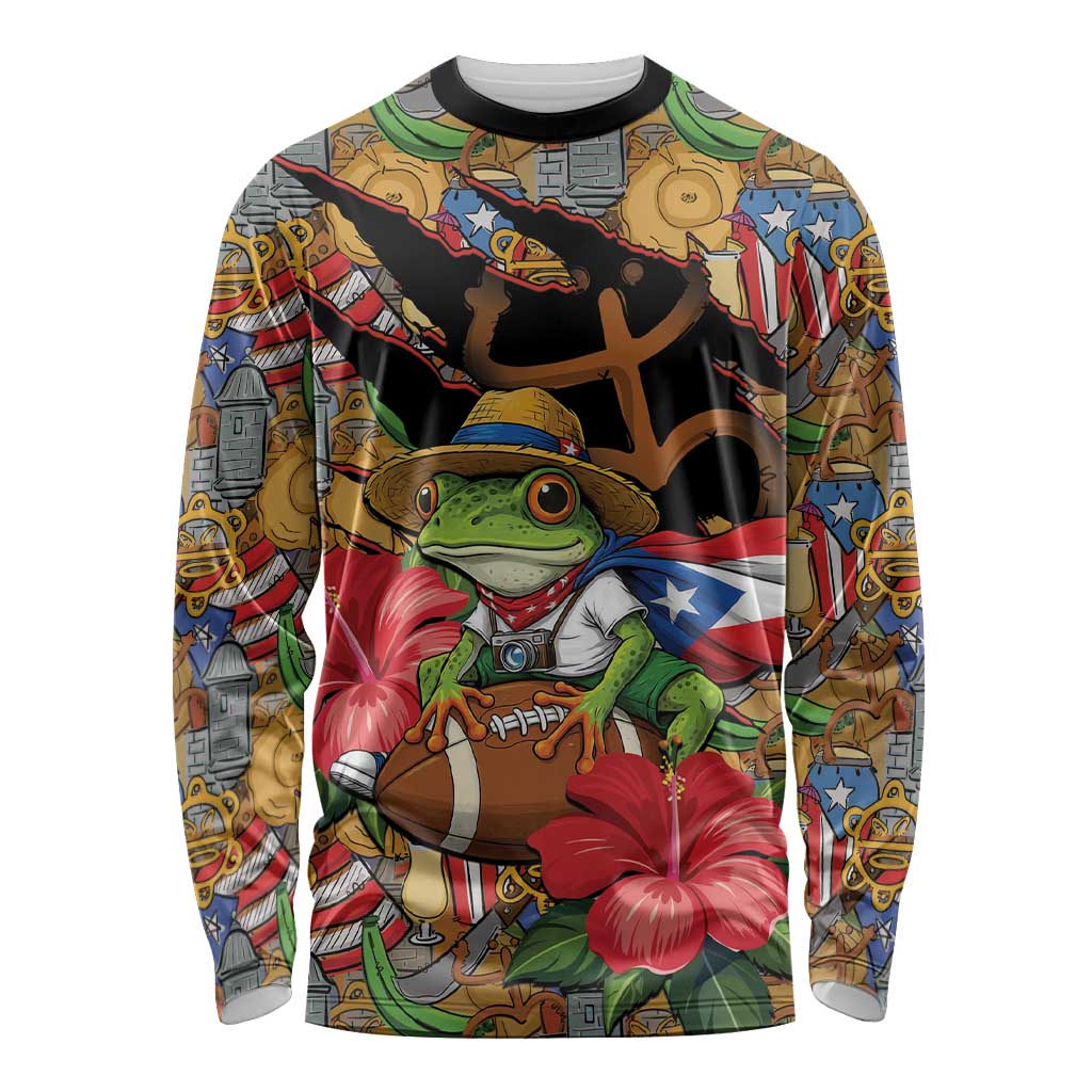 Patriotic Coqui Frog Football Long Sleeve Shirt 250 Years of Freedom Puerto Rico Flag Stand