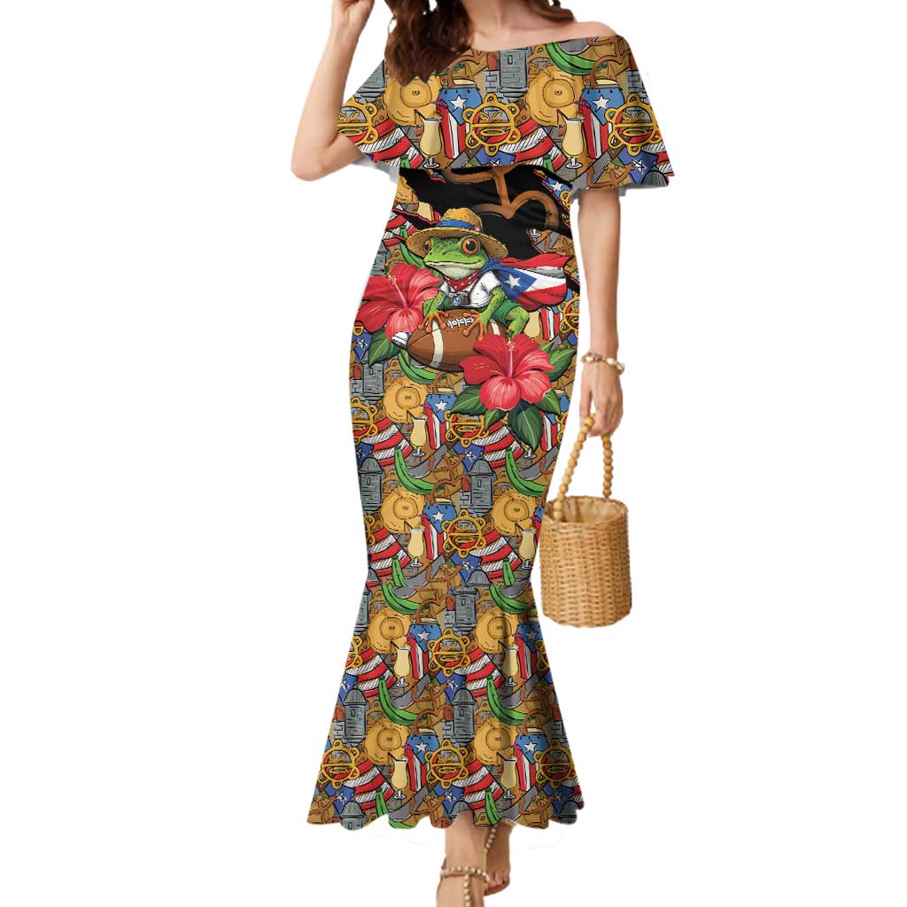 Patriotic Coqui Frog Football Mermaid Dress 250 Years of Freedom Puerto Rico Flag Stand