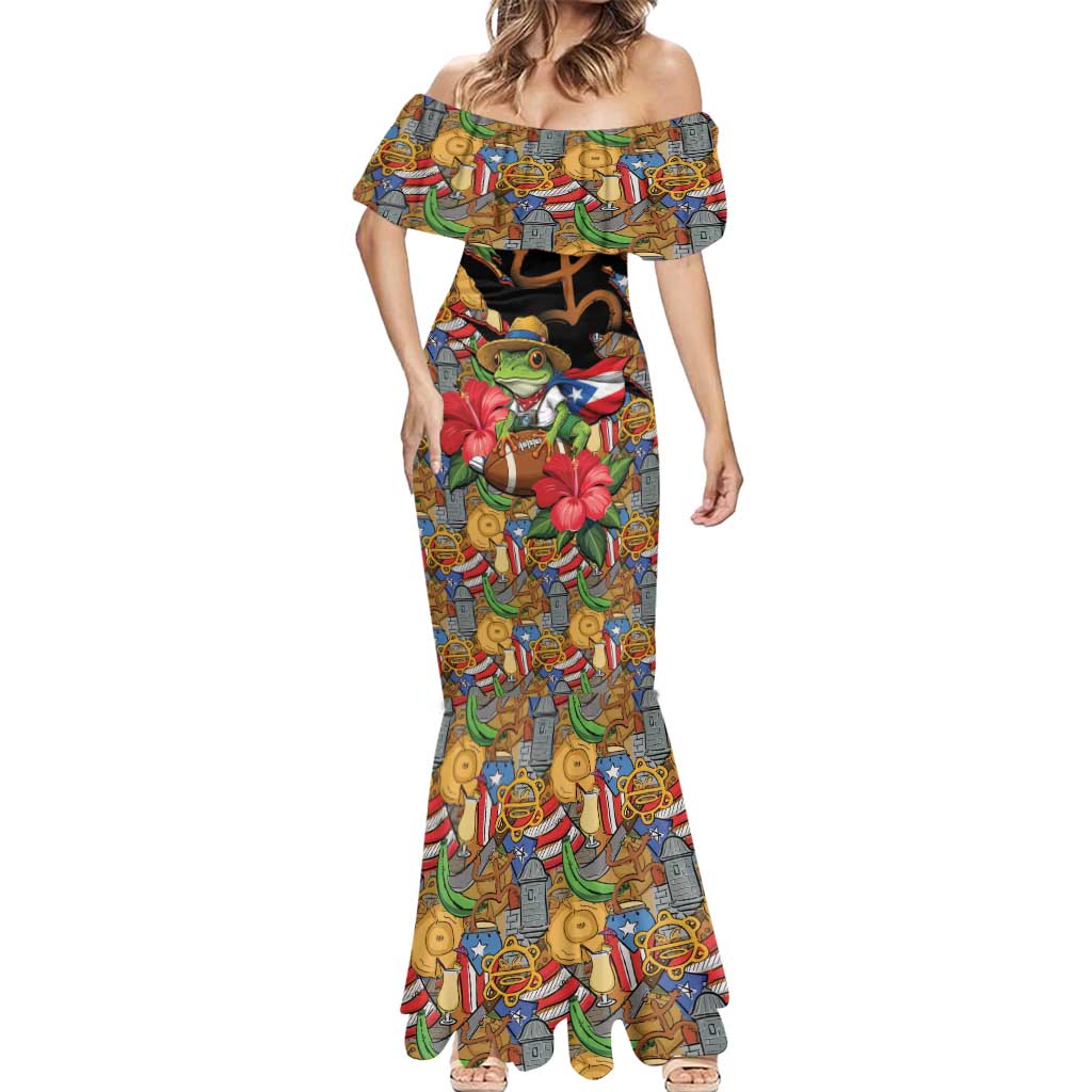 Patriotic Coqui Frog Football Mermaid Dress 250 Years of Freedom Puerto Rico Flag Stand