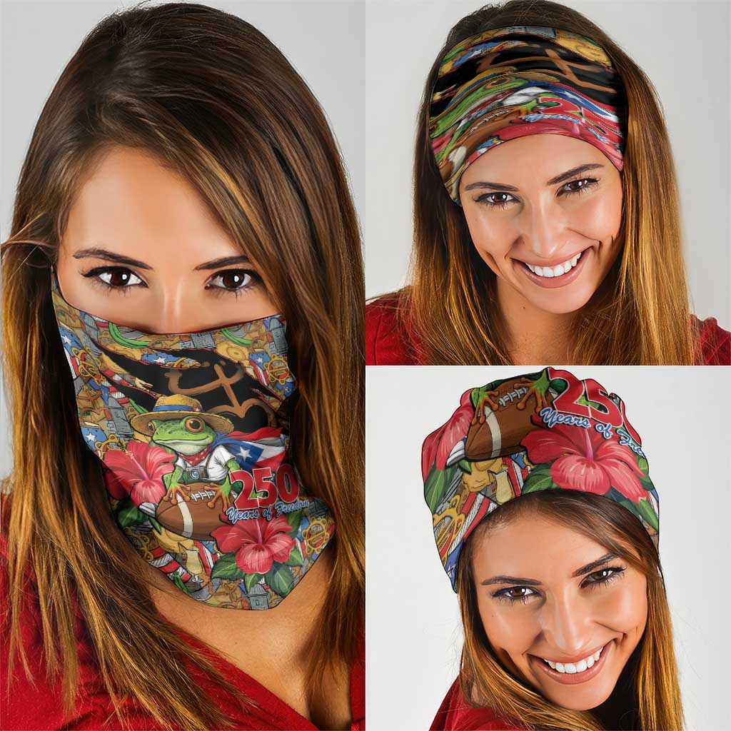 Patriotic Coqui Frog Football Neck Gaiter 250 Years of Freedom Puerto Rico Flag Stand