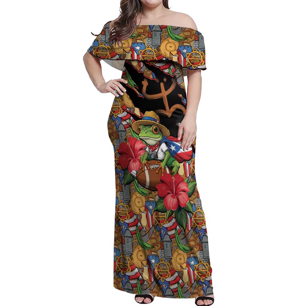 Patriotic Coqui Frog Football Off Shoulder Maxi Dress 250 Years of Freedom Puerto Rico Flag Stand